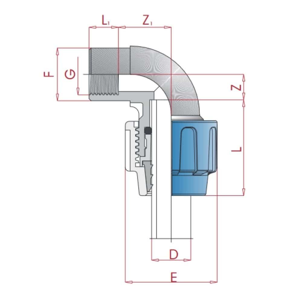 PP PE Buis Koppeling 90° Hoek 20 x 1/2" IG-0