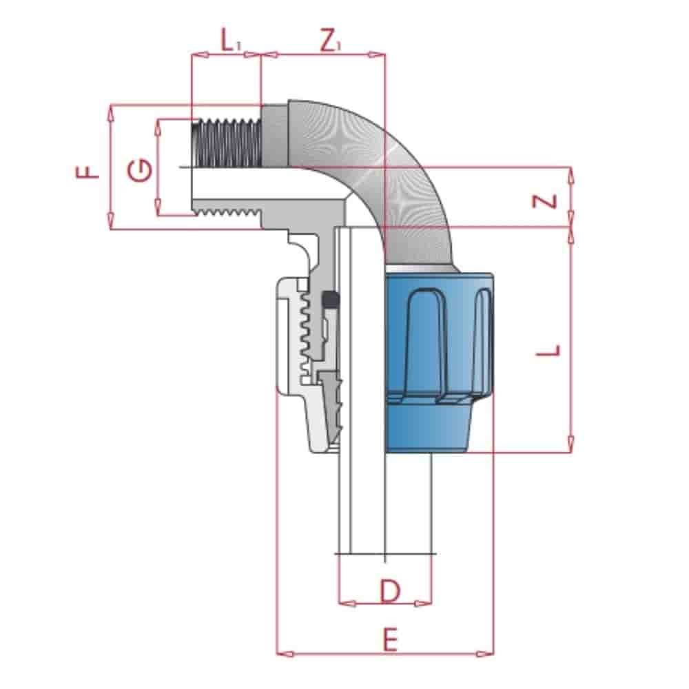 PP PE Buis Koppeling 90° Hoek 20 x 1/2" AG-0