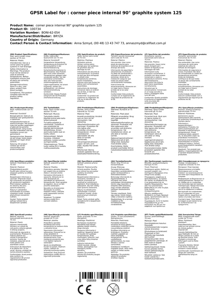 Hoekstuk Binnen 90° grafiet Systeem 125-1