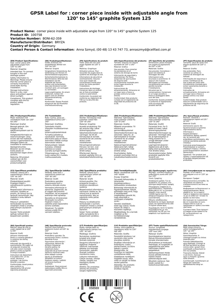 Binnenhoekstuk met verstelbare hoek van 120° tot 145° grafiet Systeem 125-0