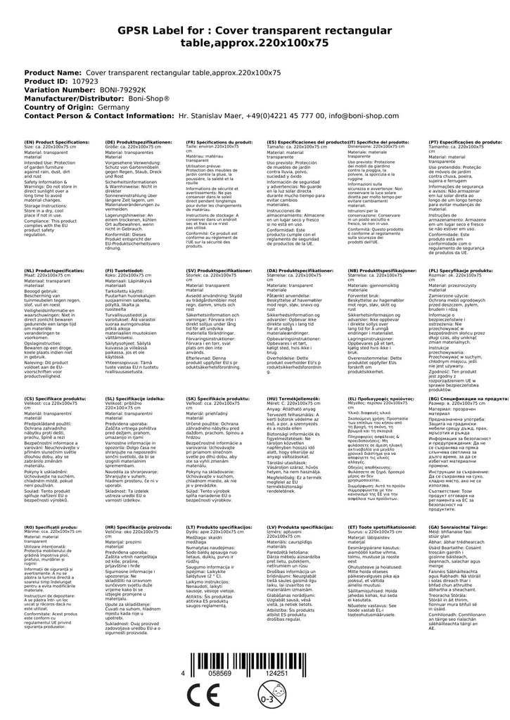 Beschermhoes transparant rechthoekige tafel, ca.220x100x75-1