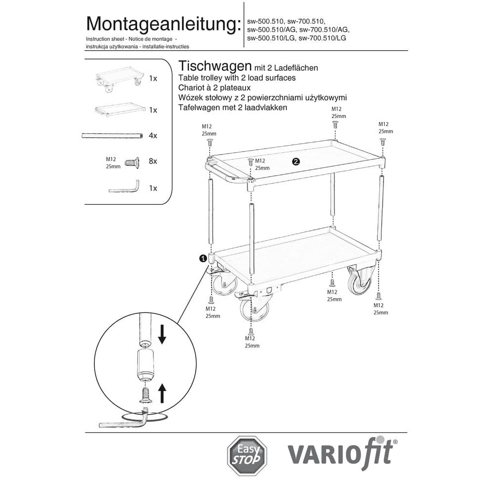 Tafelwagen met 2 verdiepingen, kuiprand 40 mm hoog + EasySTOP-1