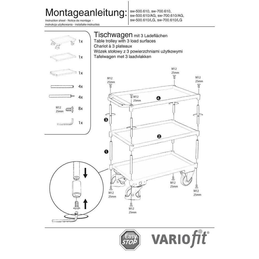 Tafelwagen met 3 niveaus, rand van 40 mm hoog + EasySTOP-1