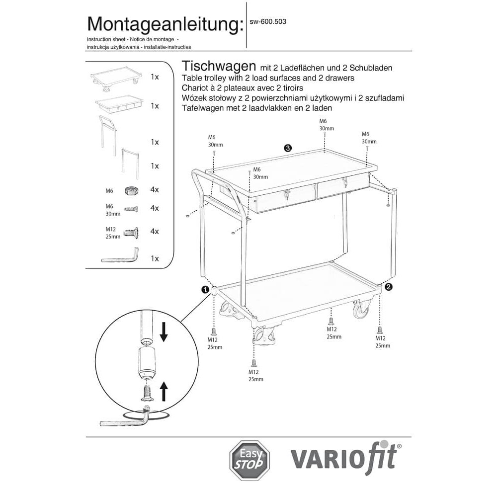 Tafelwagen 250 kg met 2 afsluitbare lades hoge duwbeugel + EasySTOP-0