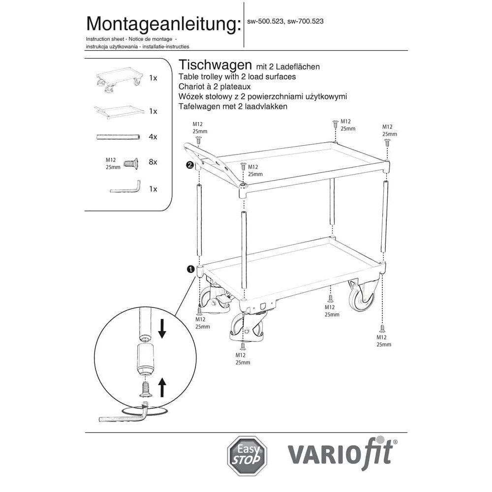 Grote tafelwagen met 2 niveaus, 40 mm hoge rand, hoge duwbeugel + EasySTOP-0