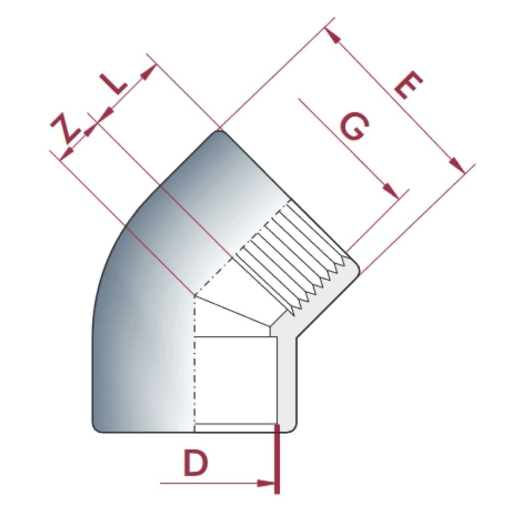 PVC-U 45°Bocht Sok x IG 20 mm x 1/2"PN10-0