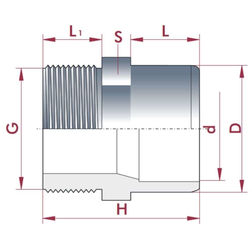 PVC-U Overgang Sok x AG 40-32mm x 1 1/4" PN10-0