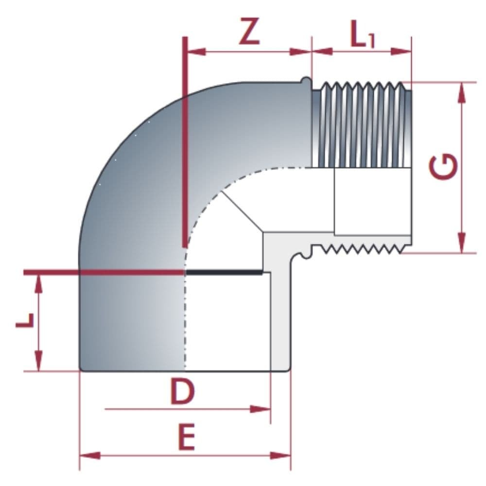 PVC-U 90°Bocht Sok x AG 63 mm x 2" PN10-0