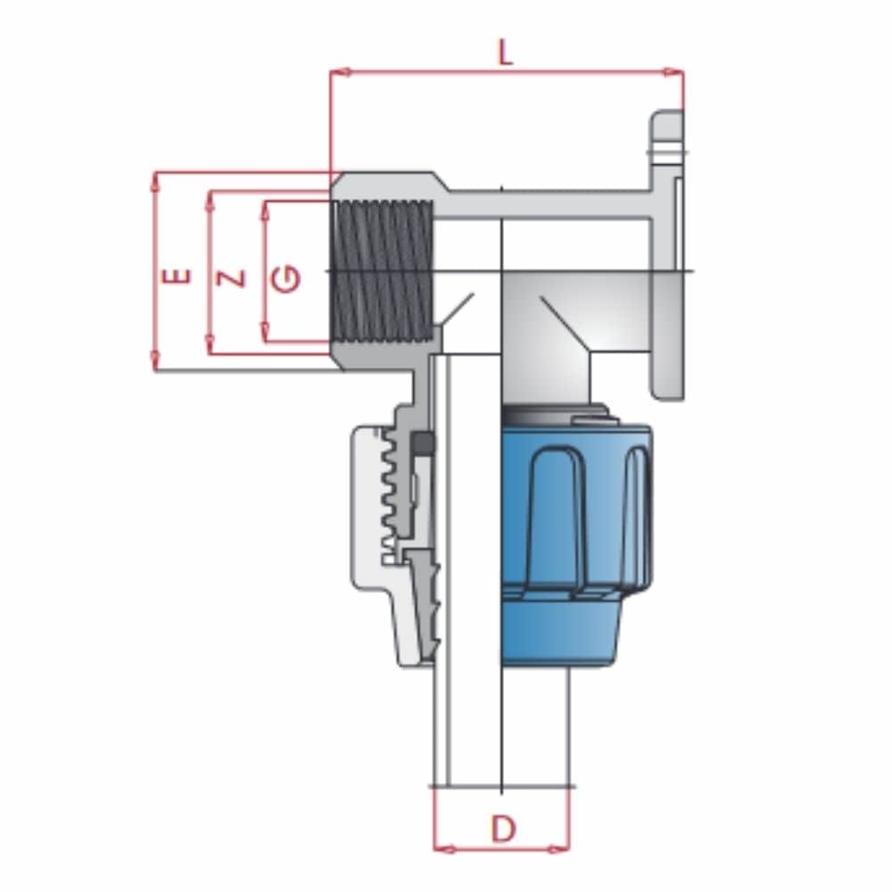 PP PE Buis Koppeling 90° Muurbevestiging 25 x 3/4" IG-0