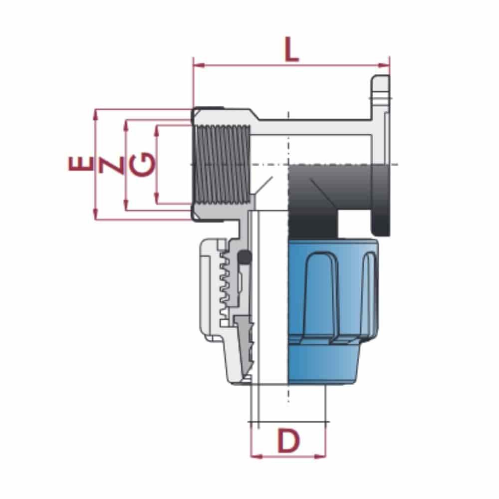 PP PE Buis Koppeling 90° versterkte Muurbeugel 25 x 3/4" IG-0