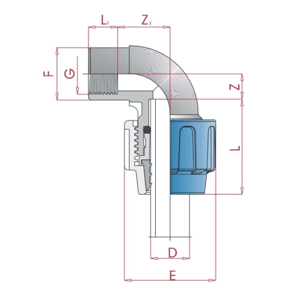 PP PE Buis Koppeling 90° Hoek 40 x 1" IG-0