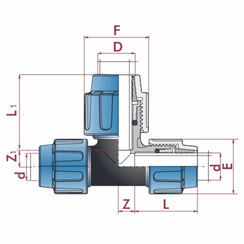 PP PE Buis Koppeling T-stuk uitgebreid 20 x 25 x 20-0