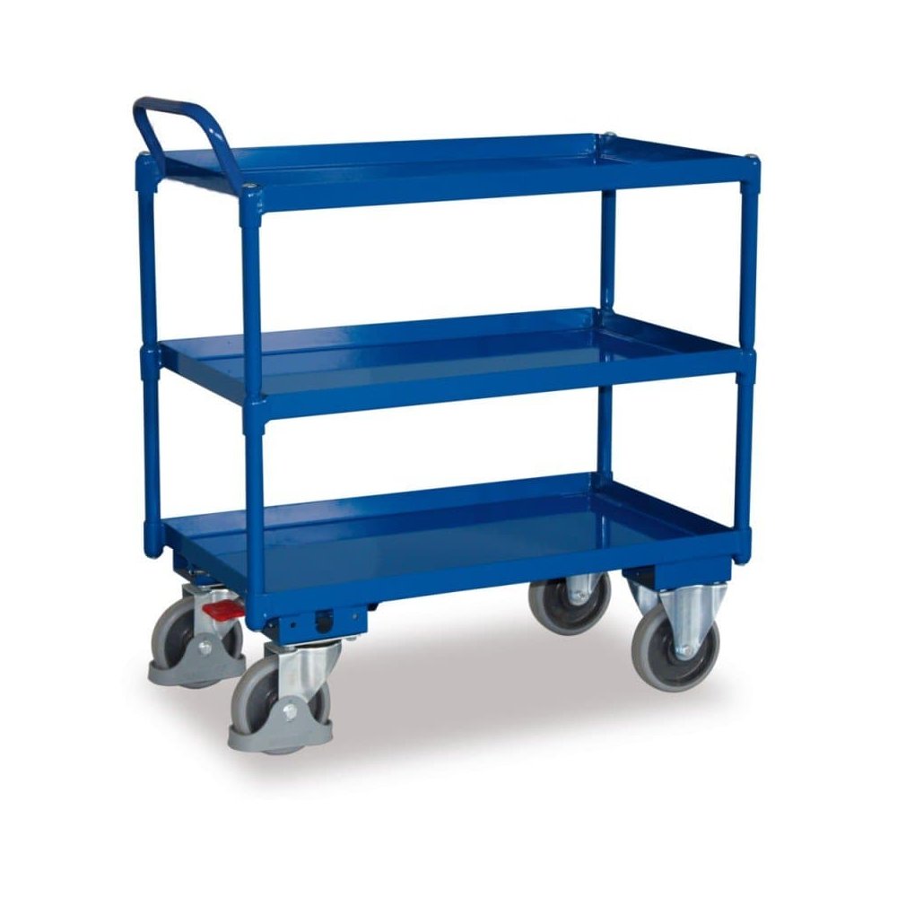 Tafelwagen met 3 verdiepingen, wandrand 40 mm hoog, hoge duwbeugel + EasySTOP